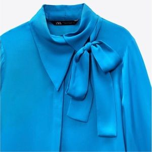 Zara Satin Effect Tie Button Cuff Collar Long Sleeves Shirt In Turquoise XS